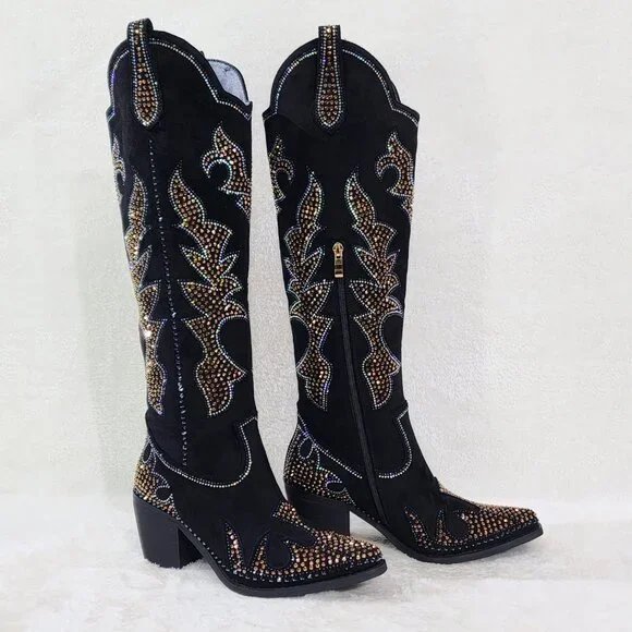 Sparks Country Western Cowgirl Knee Boots Dazzleing Iridescent Rhinestones Black
